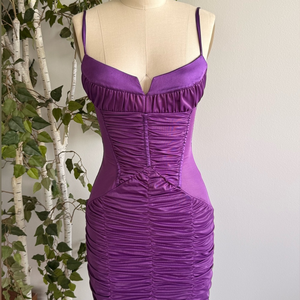 BEBE Y2K Purple Ruched Sweetheart BodyCon Night-Out Mini Dress